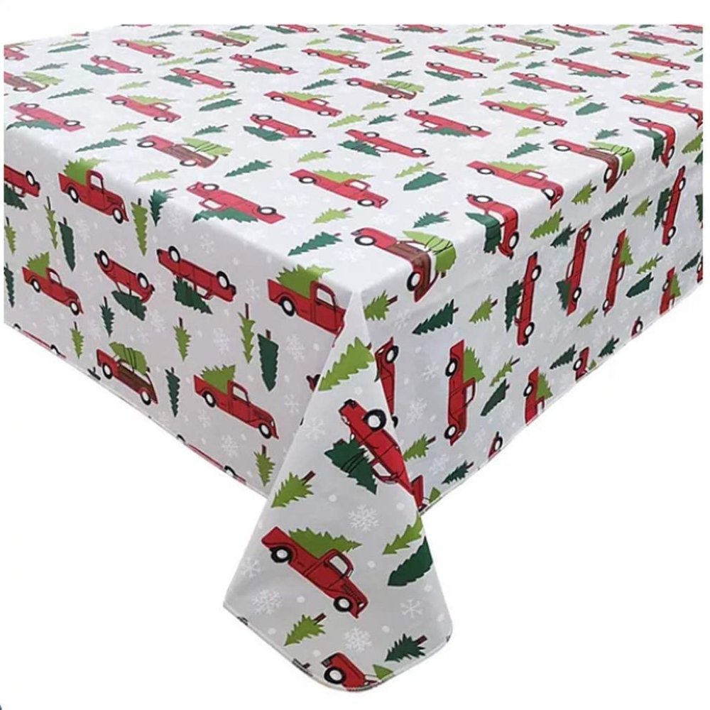 NWT Christmas Holiday Truck Vinyl Tablecloth 70" Round